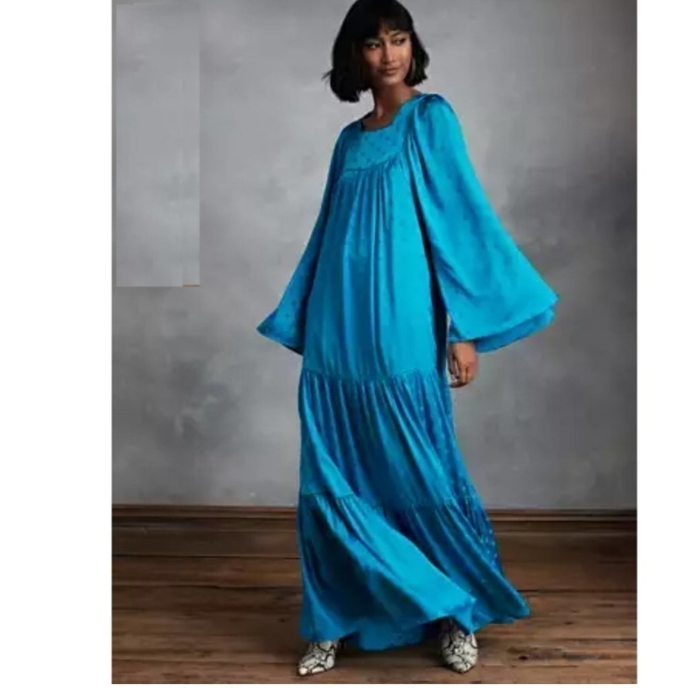 HAPPY NATURE DAYDREAM blue satin maxi dress tiered ruffle polka dot wide sleeve - Picture 2 of 12